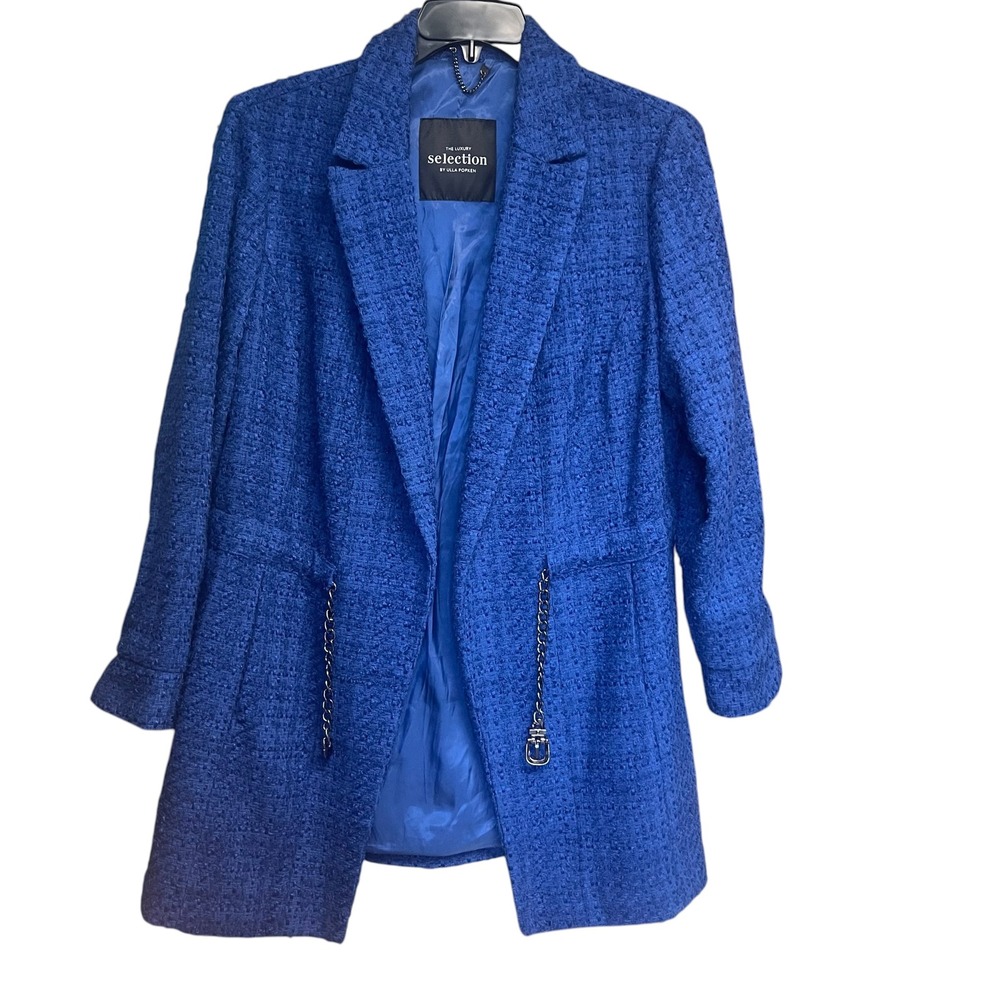 Ulla Popken Womens Blue Chain Detail Boucle Tweed Open Front Jacket 1X‎